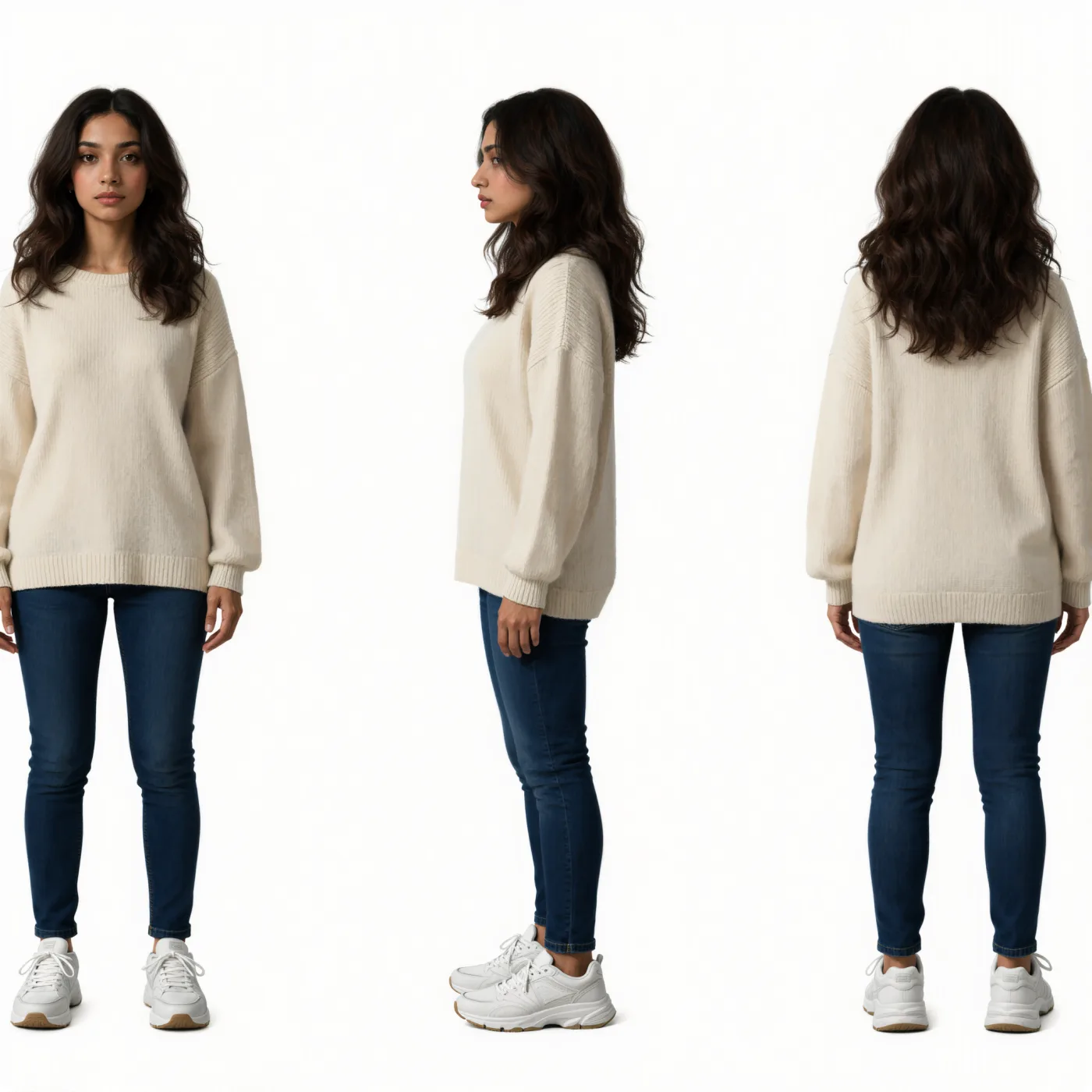 Same AI model shown consistently from front, side, and back